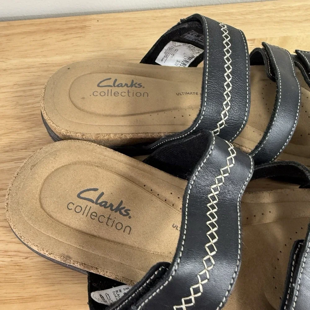 Clarks Women's Roseville Bay Leather Slip On Slide‎ Sandals Black Size 10
